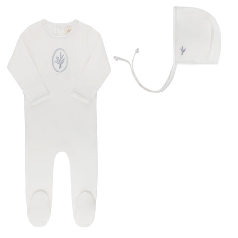 Ely's & Co Ivory/Blue Velour Center Floral Footie + Bonnet
