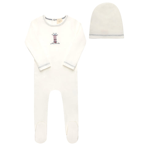 Aurora Ivory/Blue Cross Stitch Lighthouse Footie + Beanie