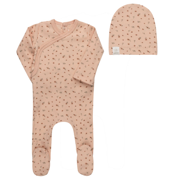 Aurora Pink Floral Rib Footie + Beanie