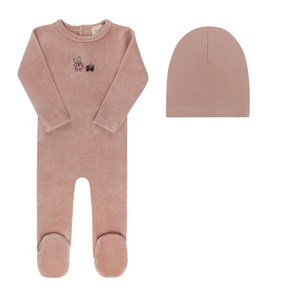 Aurora Pink Embroidered Bear Footie + Beanie