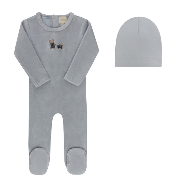 Aurora Blue Embroidered Bear Footie + Beanie