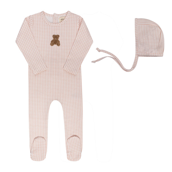 Ely's & Co Pink Gingham Teddy Footie + Bonnet