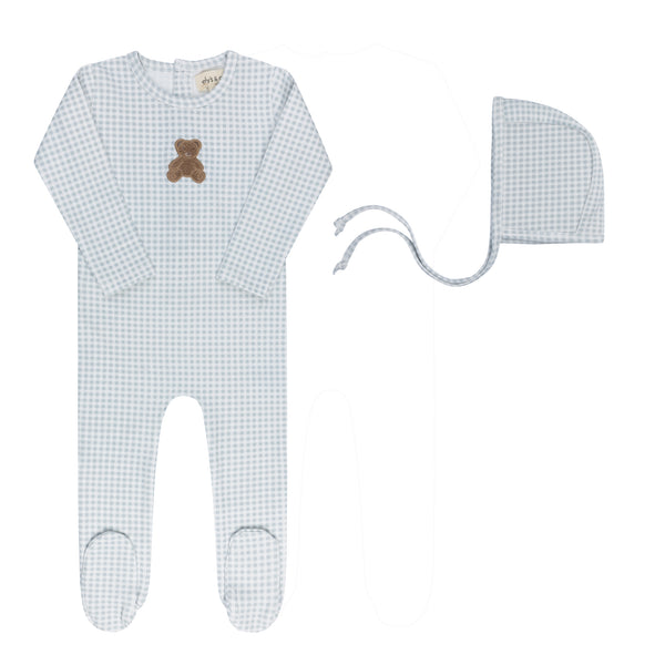 Ely's & Co Blue Gingham Teddy Footie + Bonnet