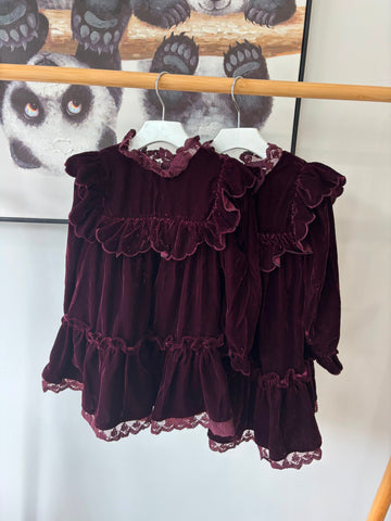 Petite Amalie Dark Cherry Lace Trim Velvet Dress