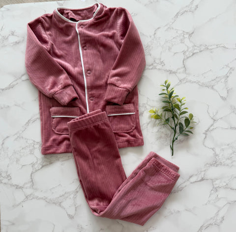 Bonjoy Pink/White Ribbed Velour Piping Pajamas