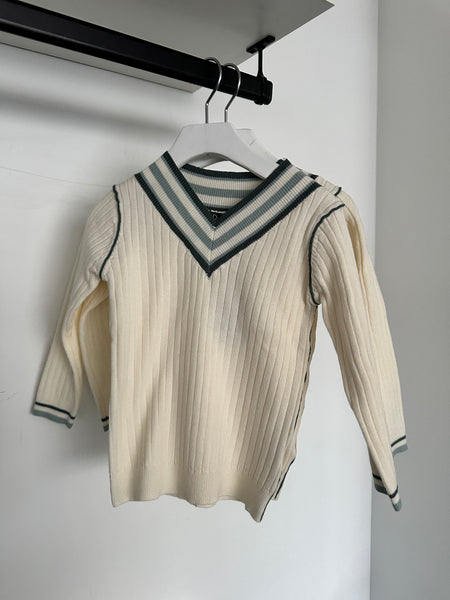 Belati Sage Striped Edge V-neck LS Knit