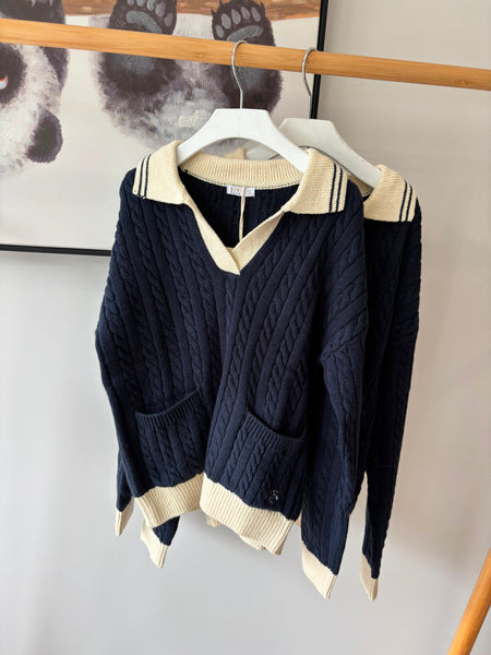 Coco Blanc Navy Cabled Collared Sweater