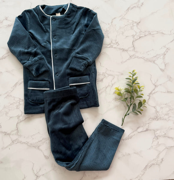 Bonjoy Slate/White Ribbed Velour Piping Pajamas