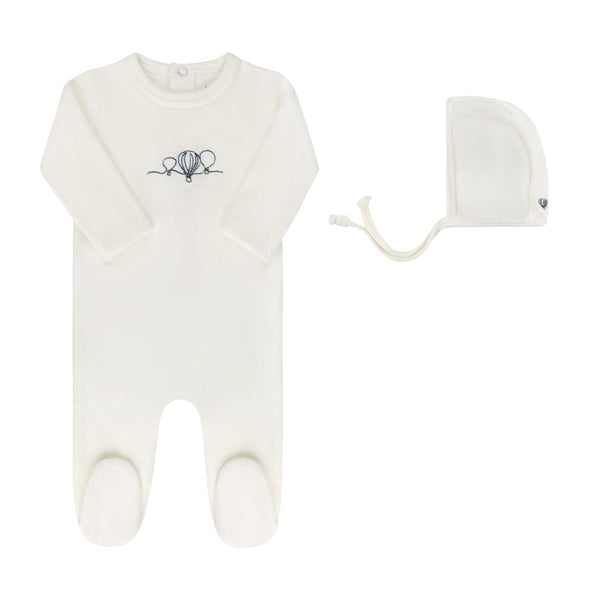 Ely's & Co Ivory & Blue Velour Hot Air Balloon Footie + Bonnet