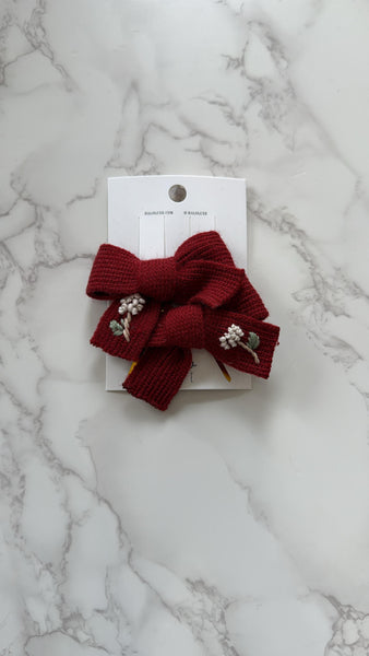 Halo Luxe Red Josie Floral Embroidered Ribbed Knit Double Clip Set