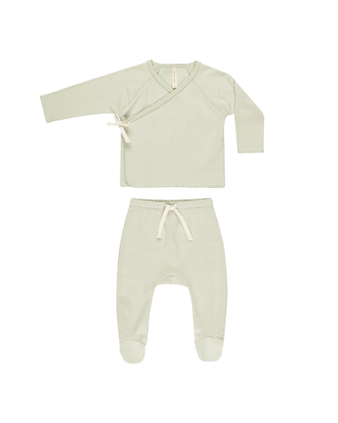 Quincy Mae Mint Wrap Top + Footed Pant Set