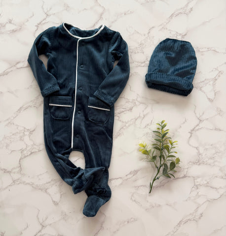 Bonjoy Slate/White Ribbed Velour Piping Footie Set