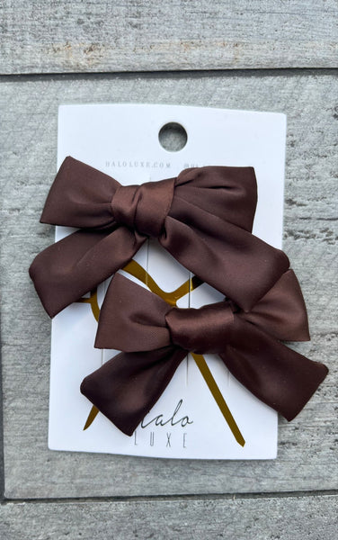 Halo Luxe Chocolate Rosa Vintage Satin Double Bow Clips