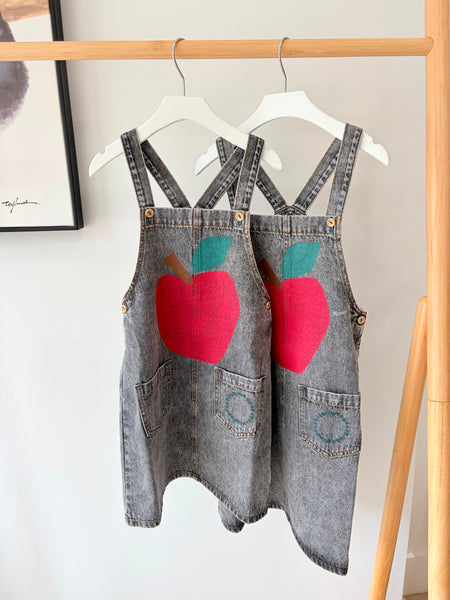 Piupiuchick Washed Black Denim Apple Knee Length Dress with Straps