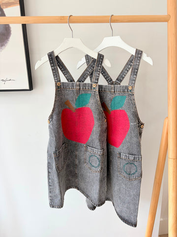 Piupiuchick Washed Black Denim Apple Knee Length Dress with Straps