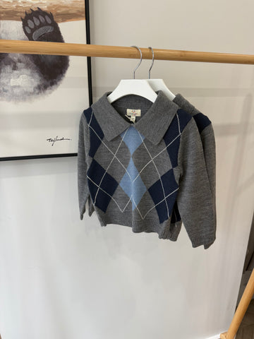 Copenhagen Colors Grey Melange Argyle Collared Sweater
