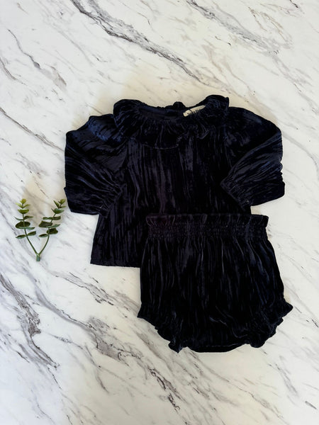 Tocoto Vintage Baby Navy Velvet Blouse + Bloomer Set