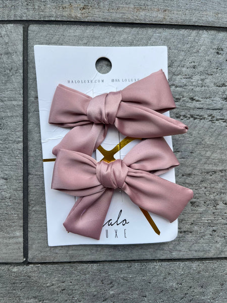 Halo Luxe Mauve Rosa Vintage Satin Double Bow Clips