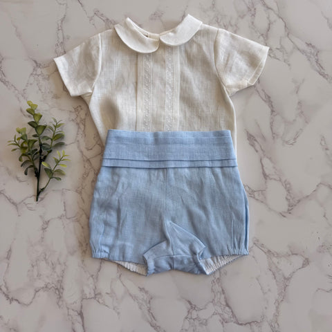 Paz Radriguez Cream/Chalk Blue Blouse Set