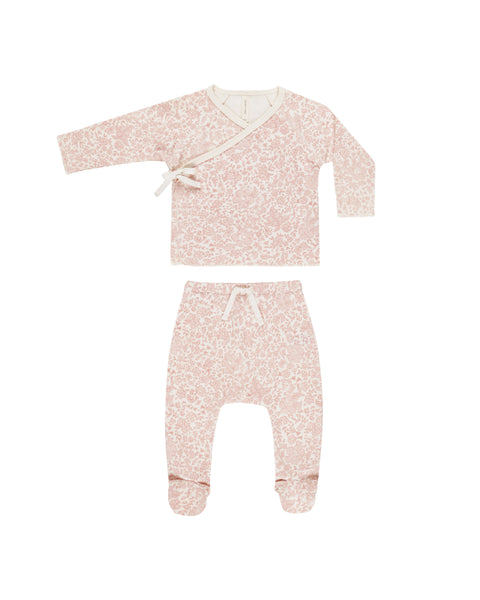 Quincy Mae Ivory Pink Blossom Wrap Top + Footed Pant Set