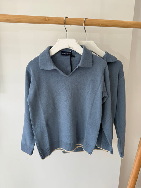 Emanuel Pris Zucherro Blue Knit Polo with Milk Trim