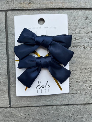 Halo Luxe Navy Rosa Vintage Satin Double Bow Clips