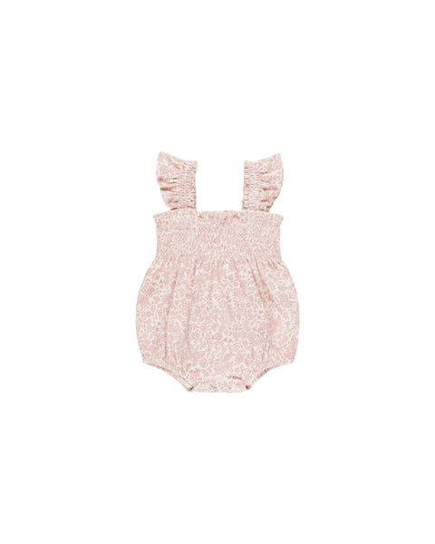 Quincy Mae Ivory Pink Blossom Smocked Ruffle Romper