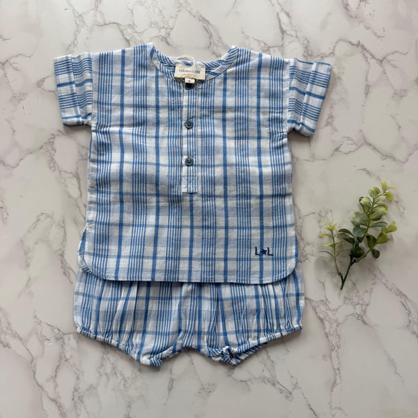 Louis Louise Baby Blue Check Saul Shirt + Bloomer Set