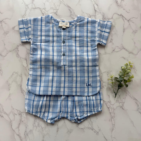 Louis Louise Baby Blue Check Saul Shirt + Bloomer Set