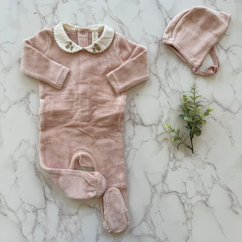 Lilette Dusty Pink Velour Collar Footie Set