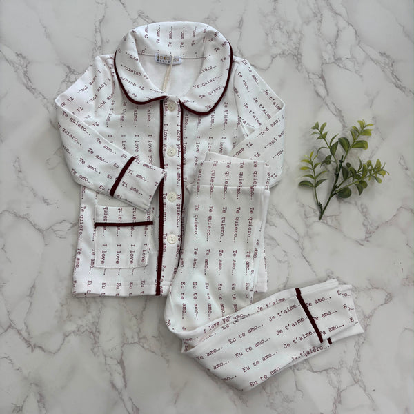 Coco Blanc Burgundy Printed Collar Pajamas