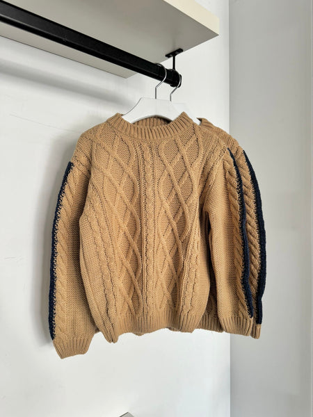 Emanuel Pris Beige with Navy Trim Cable Knit Sweater