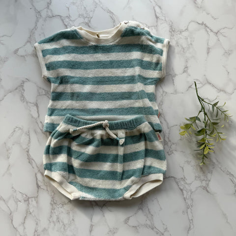 Buho Baby Moss Green Terry Stripes Tee + Shorts Set