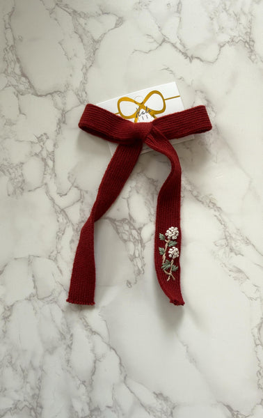 Halo Luxe Red Josie Floral Embroidered Ribbed Knit Longtail Clip