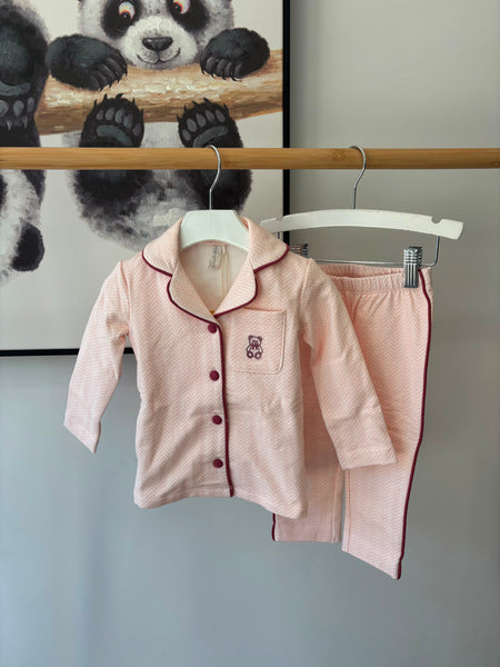 Minimoi Barely Pink Snuggly Bear Chevron Pajama Set