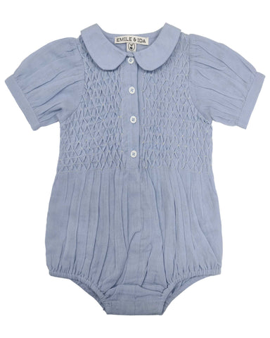 Emile et Ida Foam Blue Smocked Romper