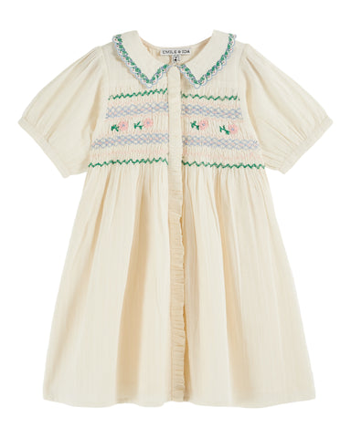 Emile et Ida Ecru Embroidered Smocked Dress