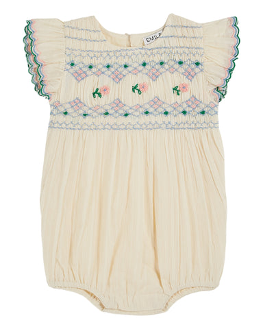 Emile et Ida Ecru Embroidered Smocked Romper