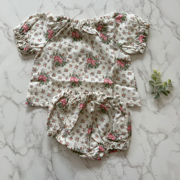 Babe & Tess Mini Pomegranate Flowers Linen Top + Bloomer Set