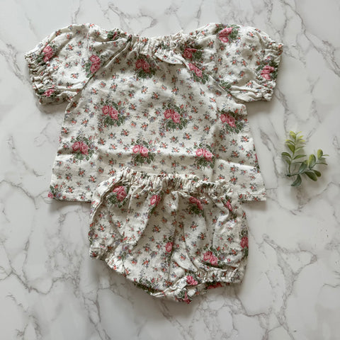 Babe & Tess Mini Pomegranate Flowers Linen Top + Bloomer Set