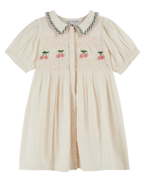 Emile et Ida Cream Embroidered Smocked Dress