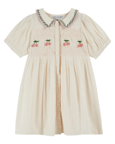 Emile et Ida Cream Embroidered Smocked Dress