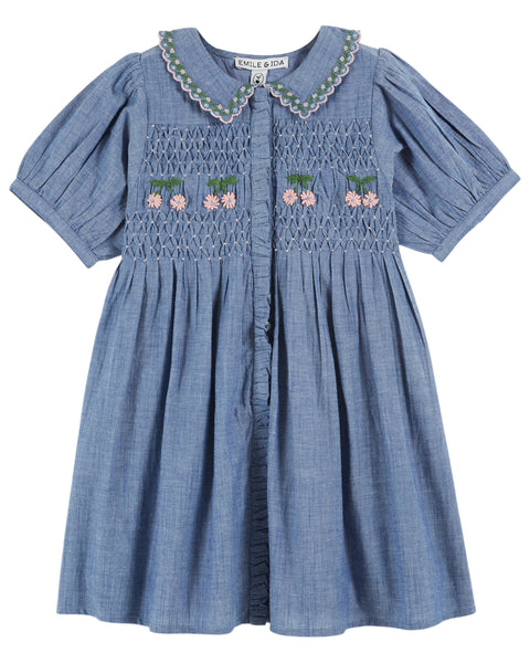 Emile et Ida Chambray Embroidered Smocked Dress