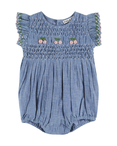 Emile et Ida Chambray Embroidered Smocked Romper