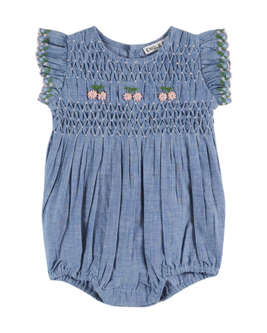 Emile et Ida Chambray Embroidered Smocked Romper