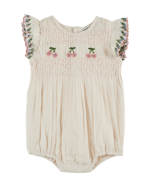 Emile et Ida Cream Embroidered Smocked Romper