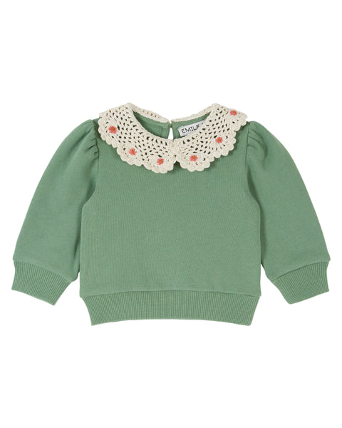 Emile et Ida Baby Olive Crochet Collar Sweatshirt + Floral Legging