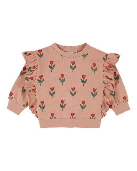 Emile et Ida Baby Pink/Red Flowers Ruffle Sweatshirt
