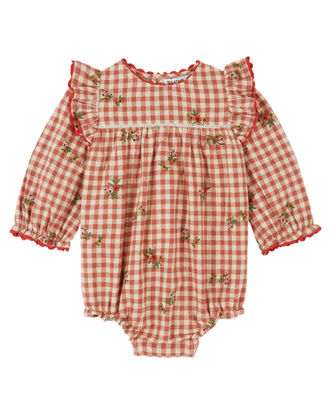 Emile et Ida Vichy Embroidered Ruffle Romper