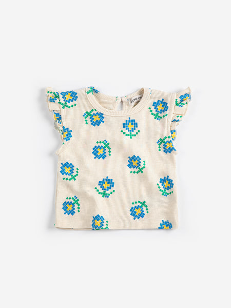 Bobo Choses Baby White Pixel Flowers All Over Ruffled Top